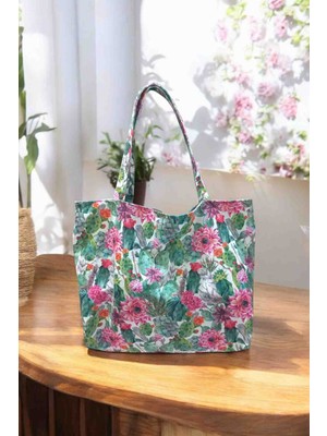 Mirayes Tasarım Dijital Baskılı Kaktüs Desenli Kumaş Bez Omuz Çantası