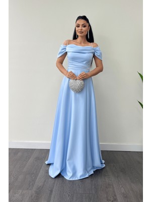 Giyimmasalı Saten Kumaş Büzgülü Askılı Abiye Elbise - Bebe Mavisi