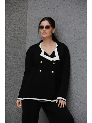Juli Dress Siyah Standart Beden(Oversize) Gold Dört Düğmeli Kruvaze Hırka Pantolon Akrilik Triko Takım
