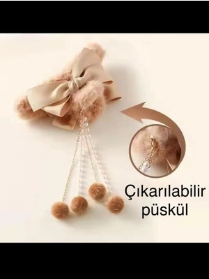 Ares Collection Peluş Fiyonk Detaylı Inci ve Zincir Püskül Detaylı Mandal Toka