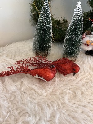 Yılbaşı 2li Kırmızı Simli kuş noel süsü ağaç yeniyıl 21 cm