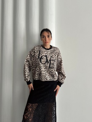 Love Yazılı Yumoş Leopar Sweat Bej