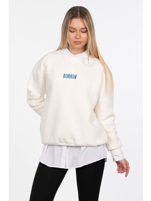 Miami Baskılı Sweatshirt - Ekru