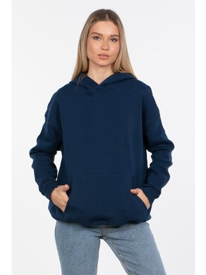 Kapüşonlu Arka Yazı Baskılı Sweatshirt - Lacivert