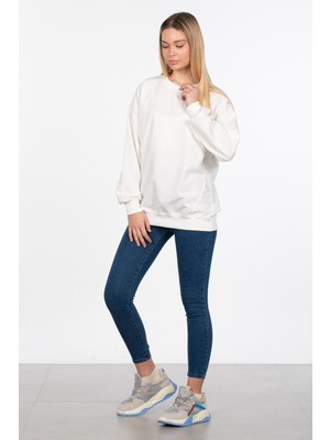 Basic Bisiklet Yaka Sweatshirt - Ekru