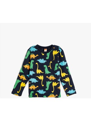 Koton Lacivert Desenli Erkek Bebek Sweatshirt Uzun Kol Günlük Stil Dinozor Deseni