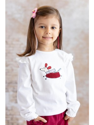 Kız Çocuk Köpek Nakışlı Uzun Kollu T-Shirt - Skasar