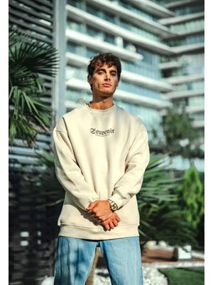 Tarz Yeri Oversize Bisiklet Yaka Baskılı Sweatshirt - Beyaz