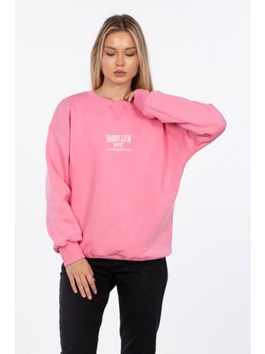 Bisiklet Yaka Yazı Nakışlı Sweatshirt - Pembe