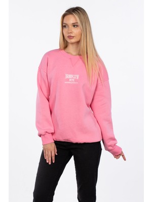 Bisiklet Yaka Yazı Nakışlı Sweatshirt - Pembe