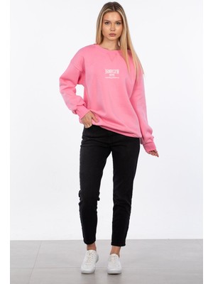 Bisiklet Yaka Yazı Nakışlı Sweatshirt - Pembe