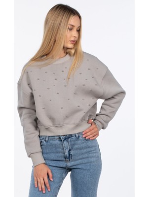 Bisiklet Yaka Inci Detaylı Sweatshirt - Gri