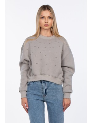 Bisiklet Yaka Inci Detaylı Sweatshirt - Gri