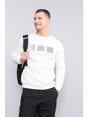 Mentality 3543 Bisiklet Yaka 3 Iplik Şardonlu Baskılı Krem Sweatshirt