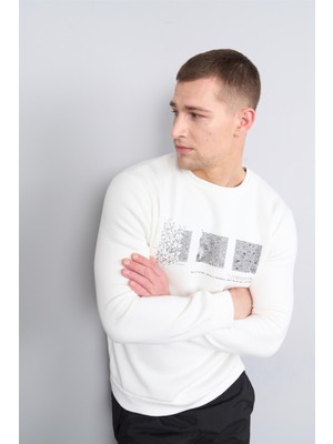 Mentality 3543 Bisiklet Yaka 3 Iplik Şardonlu Baskılı Krem Sweatshirt