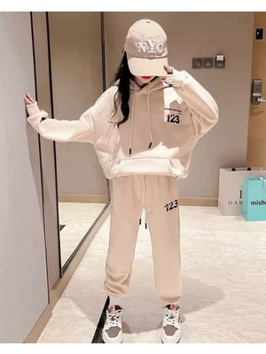 Kids Face Özel Tasarım Kapüşonlu 1-2-3 Baskılı Şardonlu Tam Kışlık Oversize Kız Çocuk Eşofman Takımı