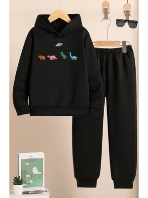 Kids Face Özel Tasarım Kapüşonlu Renkli Dinazorlar Baskılı Şardonlu Kışlık Erkek Çocuk Eşofman Takımı