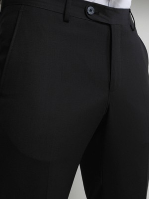 Siyah Düz Dokuma Slim Fit Klasik Yün Karışımlı Pantolon