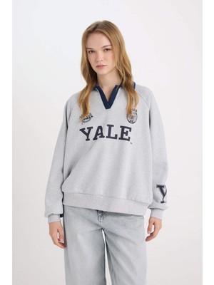 DeFacto Yale University Oversize Geniş Kalıp Polo Yaka Baskılı Kalın Sweatshirt D7001AX24WN