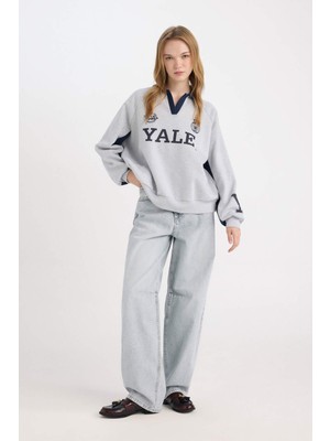 DeFacto Yale University Oversize Geniş Kalıp Polo Yaka Baskılı Kalın Sweatshirt D7001AX24WN