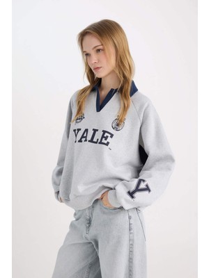 DeFacto Yale University Oversize Geniş Kalıp Polo Yaka Baskılı Kalın Sweatshirt D7001AX24WN