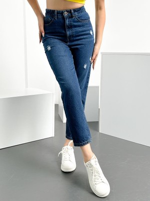 Hlt Jeans Mavi Yıpratma Kadın Likralı Mom Jean Yüksek Bel Esnek Kot Pantolon ANNA-MAVİYPT