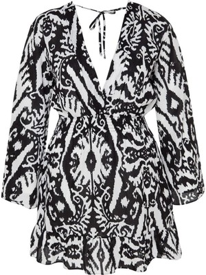 FRM Yeni Rahat Plaj Günlük Vual Dokuma Kruvaze Uzun Kol Skater Mini Boy Büyük Beden Elbise