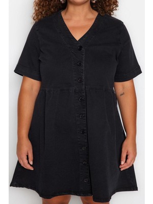 FRM Yeni Rahat Casual Günlük Comfort Denim V Yaka Kısa Kol A-Line Mini Boy Büyük Beden Elbise