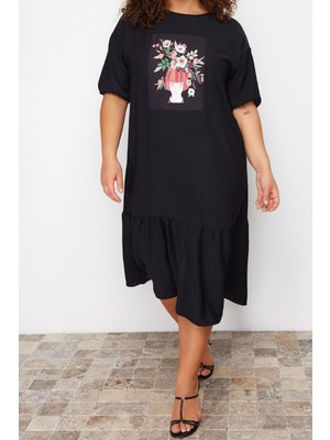 FRM Yeni Rahat Casual Günlük Queen Crep Dokuma Bisiklet Yaka Kısa Kol Smock Midi Boy Büyük Beden Elbise