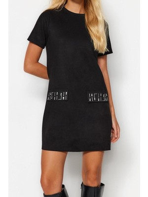 Yeni Regular Business Süet Örme Bisiklet Yaka Kısa Kol A-Line Mini Boy Elbise