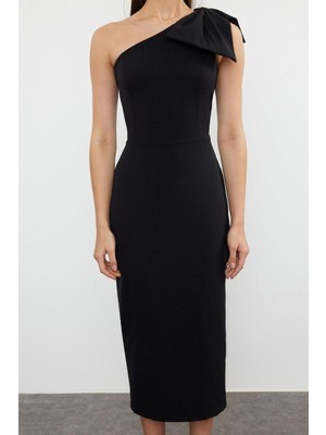 Yeni Fit Mezuniyet Balo Finike Dokuma Asimetrik Yaka Kolsuz Kol Bodycone Midi Boy Elbise