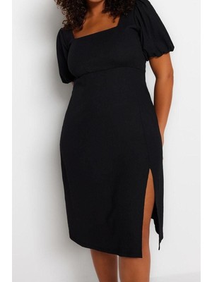 Yeni Slim Casual Günlük Bürümcük Örme Kare Yaka Kısa Kol A-Line Midi Boy Büyük Beden Elbise