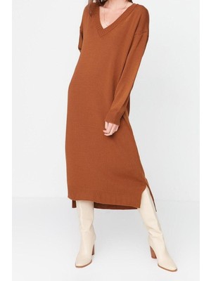 FRM Yeni Oversize Casual Günlük Selanik Triko V Yaka Uzun Kol Shift Maxi Boy Elbise