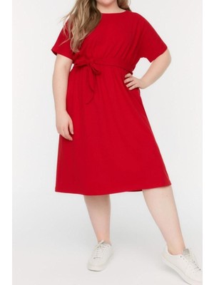 FRM Yeni Rahat Business Süprem Örme Bisiklet Yaka Kısa Kol A-Line Mini Boy Büyük Beden Elbise