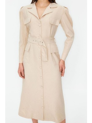 Yeni Fit Business Keten Görünümlü Dokuma V Yaka Uzun Kol Gömlek Elbise Maxi Boy Tesettür Elbise