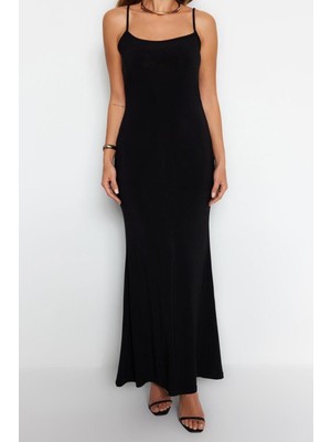 FRM Yeni Slim Gündüz Gece Kalın Sandy Örme Kare Yaka Askılı Kol Bodycone Maxi Boy Elbise