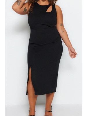 FRM Yeni Fit Gündüz Gece Krep Örme Bisiklet Yaka Kolsuz Kol Bodycone Midi Boy Büyük Beden Elbise