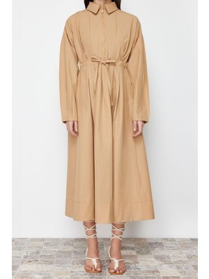 FRM Yeni Regular Casual Günlük Poplin Dokuma Ceket Yaka Uzun Kol A-Line Maxi Boy Tesettür Elbise