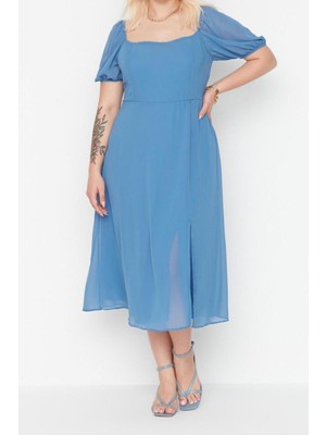 FRM Yeni Fit Casual Günlük Şifon Dokuma Kare Yaka Kısa Kol A-Line Midi Boy Büyük Beden Elbise