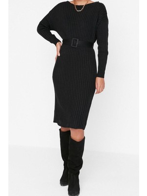 FRM Yeni Regular Casual Günlük Tek Plaka Triko Kayık Yaka Uzun Kol A-Line Midi Boy Elbise