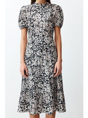 FRM Yeni Regular Casual Günlük Moss Krep Dokuma Dik Yaka Kısa Kol A-Line Midi Boy Elbise