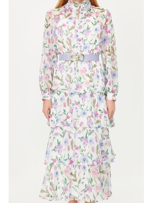 Yeni Regular Günlük Yoryo Şifon Dokuma Gömlek Yaka Uzun Kol Eteği Fırfırlı Maxi Boy Tesettür Elbise