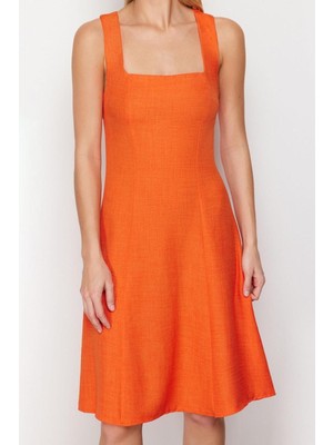 FRM Yeni Regular Casual Günlük Aerobin Dokuma Kare Yaka Kolsuz Kol A-Line Mini Boy Elbise