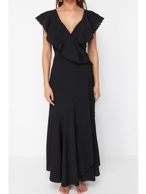 FRM Yeni Regular Plaj Günlük Brode Dokuma Kruvaze Askılı Kol Kruvaze Maxi Boy Elbise