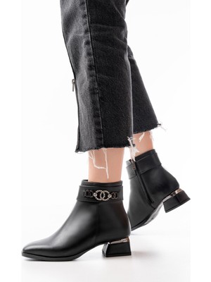 İnfon Ayakkabı RM-502 Siyah Toka Aksesuarlı Topuklu Fermuarlı Günlük Kadın Bot