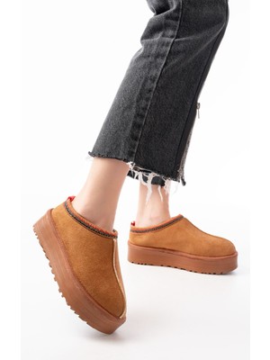 Budi Home NDR-2888 Taba Süet Içi Kürklü Kışlık Kapalı Burun Kadın Günlük Terlik