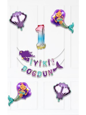 Pekshop Deniz Kızı Tema Doğum Günü Balon Seti Istiridye Deniz Kızı ve Rakam Balonlu Balon Zinciri Seti
