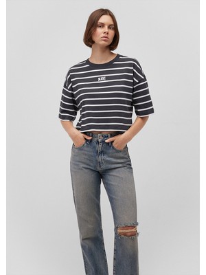 Mavi Logo Baskılı Siyah Çizgili Crop Tişört 1612227-87988