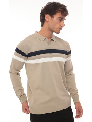 Miron Bej Çizgili Polo Yaka Triko Kazak- 2444