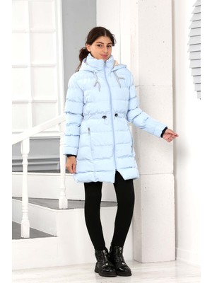 Kız Çocuk Mavi Ekstra Yumuşak Dolum Bel Detaylı Peluşlu Kapüşonlu Içi Suni Kürklü Mont Kaban